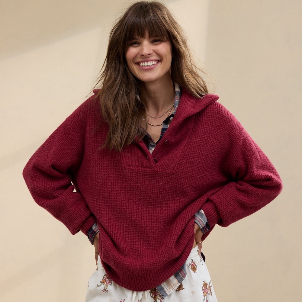 Aerie CozyUp Waffle Button Sweater Small